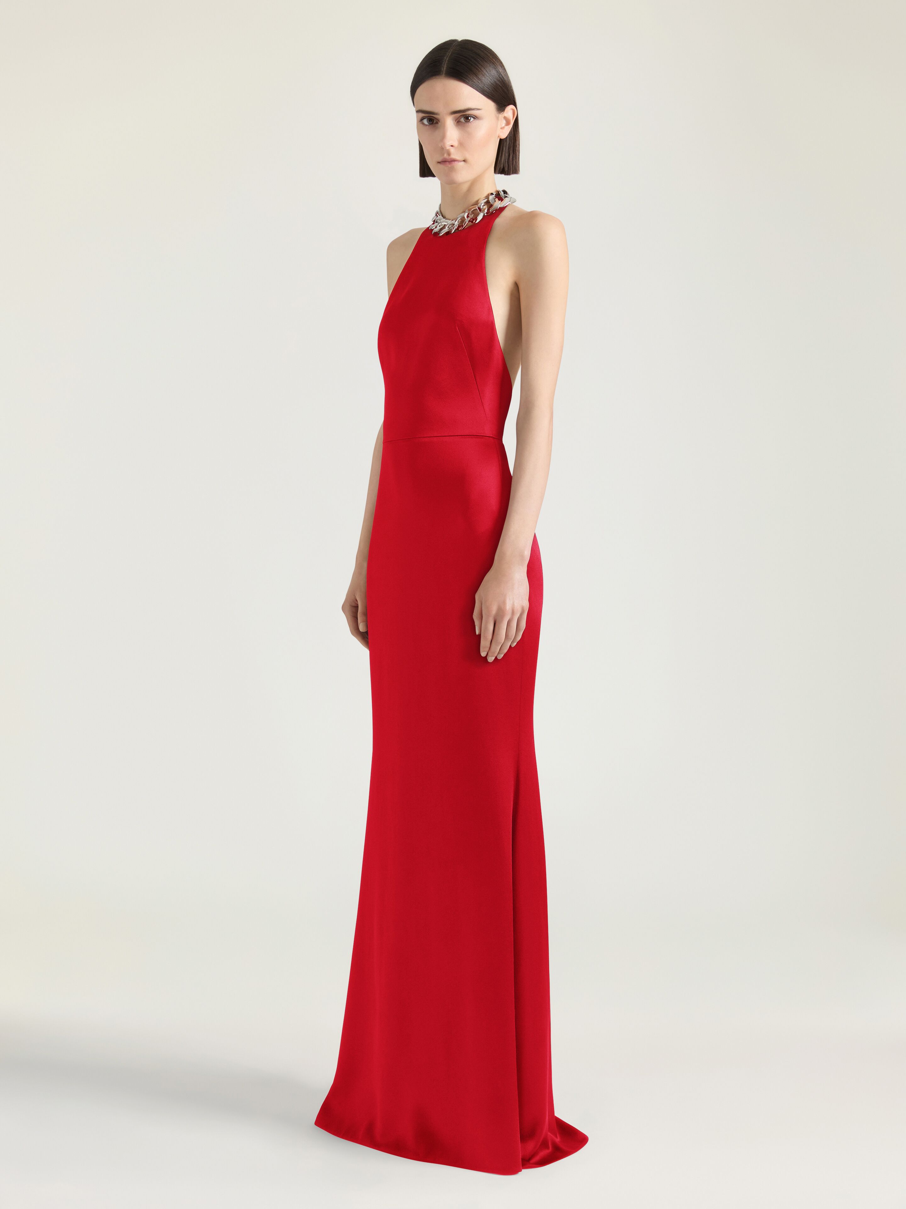 Halter neck dress in crepe and satin